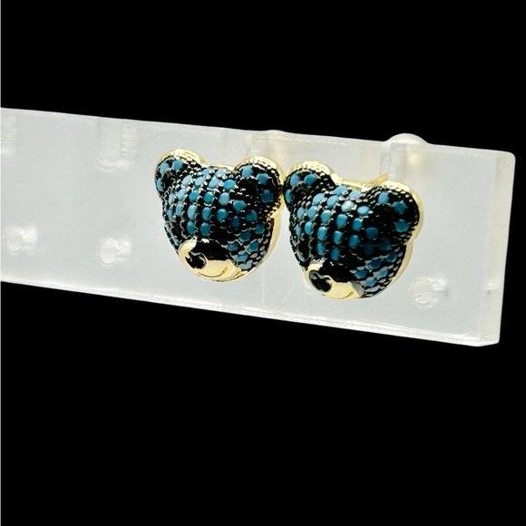 Blue and Black Stone Teddy Bear Stud Earrings-New! - Picture 1 of 4
